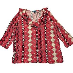Ralph Lauren Plus 3X Red Print Ruffled V Neck‎  Peasant Top Shirt Boho Hippie